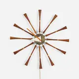 Spool wall clock, model 2239 by George Nelson & Associates, 1957, walnut, brass, birch, enameled aluminum, sold Mar 2022