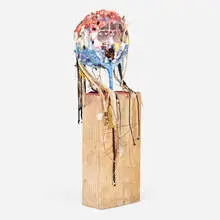 Timothy Washington, Red, White & Blue, c. 1996, acrylic, wood, glass, metal, yarn, string, ceramic and battery assemblage on wooden base