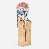 Timothy Washington, Red, White & Blue, c. 1996, acrylic, wood, glass, metal, yarn, string, ceramic and battery assemblage on wooden base