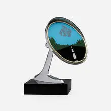 Allan D'Arcangelo, Side-View Mirror (from the 7 Objects in a Box portfolio), 1969, screenprint in colors on plexiglass set into chrome side-view mirror mounted on acrylic base