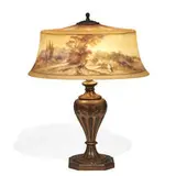 Pairpoint Manufacturing Co., table lamp with figures in an autumnal scenic landscape