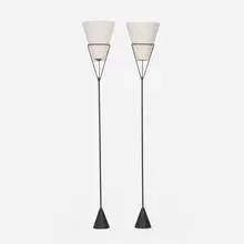 Carl Auböck, floor lamps, pair, c. 1975, enameled steel, linen