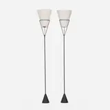 Carl Auböck, floor lamps, pair, c. 1975, enameled steel, linen