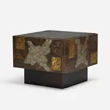 Paul Evans, occasional table, model PE 31, c. 1970, welded and enameled steel, welded and patinated copper, slate, brass