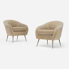 Lucien Rees Roberts, lounge chairs from Barneys, Chicago, pair, 2016, upholstery, brass