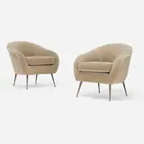 Lucien Rees Roberts, lounge chairs from Barneys, Chicago, pair, 2016, upholstery, brass