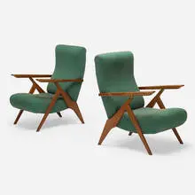 Antonio Gorgone, lounge chairs, pair, stained beech, upholstery, brass