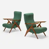 Antonio Gorgone, lounge chairs, pair, stained beech, upholstery, brass