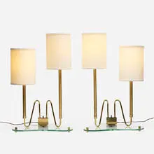 table lamps, pair by Fontana Arte, c. 1960, brass, glass, linen, sold Jul 2020