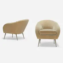 Lucien Rees Roberts, lounge chairs from Barneys, Chicago, pair, 2016, upholstery, brass