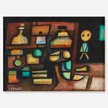 Charles Sebree, Potter's Place, c. 1965, gouache and beeswax with pigment on paper laid down on illustration board