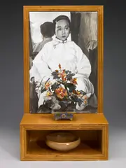 Anonymous Woman by Hung Liu, 1991, oil on canvas, laminated wood, Chinese polished hardstone tree in a cloisonne jardiniere, and a wooden bowl, sold May 2007