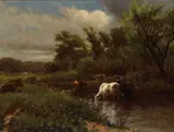 William de la Montagne Cary, Cattle Watering, oil on canvas