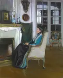 Susan Watkins, Woman Seated by a Fireplace (A Pensive Moment), oil on canvas