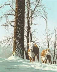 Richard Gardner, Two Cows by a Tree in Winter, 1985, oil on canvas