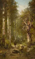 Thomas Hill, Deer Walking on a Wooded Path, oil on canvas
