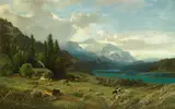 William Keith, Cattle, Shepherdess and Cabin in an Alpine Landscape, oil on canvas on cradled panel