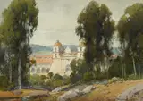 A View of the Santa Barbara Mission by Percy Gray, 1922, watercolor on paper on board, sold May 2007