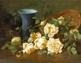 Edith White, A Basket of Yellow Roses and a Blue Vase, oil on canvas