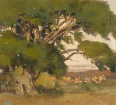 Thomas McGlynn, Sycamore with a Town in the Distance, oil on canvas
