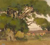 Thomas McGlynn, Sycamore with a Town in the Distance, oil on canvas