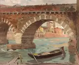 Colin Campbell Cooper, A Boat Moored near a Bridge