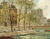 Jules Eugene Pages, View along the Seine, oil on canvas