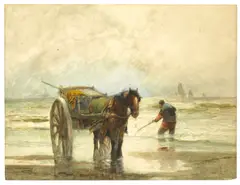 William Frederic Ritschel, Clam Digger and Horse Cart, watercolor on paper on board