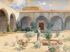 Harley Dewitt Nichols, Among the Flowers, Capistrano Mission California, 1894, watercolor on paper on board