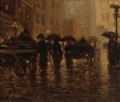 Frank Coburn, Rainy City Street, oil on board