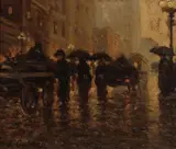 Frank Coburn, Rainy City Street, oil on board