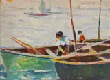 Selden Connor Gile, Two Fishermen in Boats with Sailboats Beyond