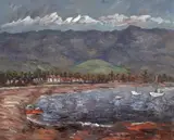 John A. Dominique, Santa Barbara Beach, 1948, oil on canvas