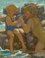 Two Girls Playing in Tide Pools by Elliot Bouton Torrey, oil on canvas, sold May 2007