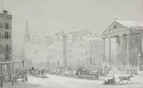 St. Paul's Church in Winter, View of Wall Street by American School, watercolor on paper laid to card, laid to card, sold May 2006