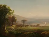 Henry Boese, Landscape with Figure Walking toward a Lake, oil on canvas