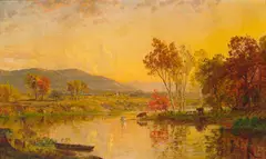 Jasper Francis Cropsey, An Autumn Landscape with Cattle Watering at a River, 1881, oil on canvas