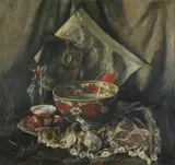 Still Life of Bowl, Tea Cup, Saucer, Cameo, Artist's Certificate and Pallette by American School, oil on canvas, offered May 2006