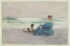 Thomas Pollack Anshutz, Woman and Springer Sitting on the Beach, watercolor on paper