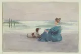Thomas Pollack Anshutz, Woman and Springer Sitting on the Beach, watercolor on paper
