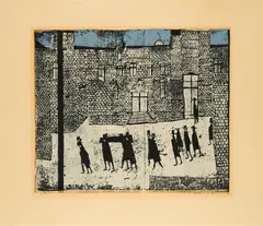 Horst Janssen, Beerdigung, 1957, Farbholzschnitt auf Zeitungspapier