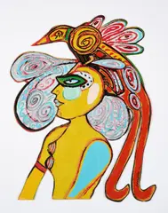 Frau und Paradiesvogel by Guillaume Cornelis van Beverloo, Farbserigrafie auf Metall, sold May 2025