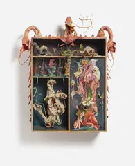 Bernard Schultze, "Migof-Prognose", 1969/72, Objektkasten mit vier Fächern, Öl auf Leinwand, Draht, Textilien und Plastikmasse