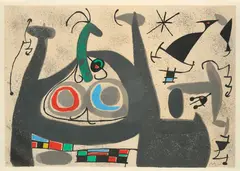 Joan Miró, Aus: Le Lézard aux Plumes d'Or, 1971, 2 Farblithografien auf Pergament