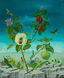Georges Spiro, Blütenzweig mit Insekten, Öl auf Leinwand