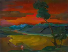 Carlo Mense, Flusslandschaft mit Weizenfeld, Öl auf Hartfaserplatte