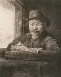 Rembrandt van Rijn, Selbstbildnis am Fenster, zeichnend, 1648, Radierung auf Papier