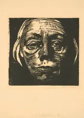Selbstbidnis von vorn by Käthe Kollwitz, 1922/23, Holzschnitt auf chamoisfarbenem, sold Sep 2025