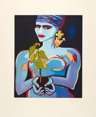 Elvira Bach, Ohne Titel (Frau mit Pflanze), Farbaquatinta auf Bütten
