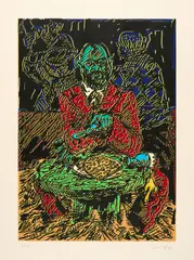 Jörg Immendorff, Baselitzfrühstück, 1992, Farblinolschnitt auf leichtem Karton